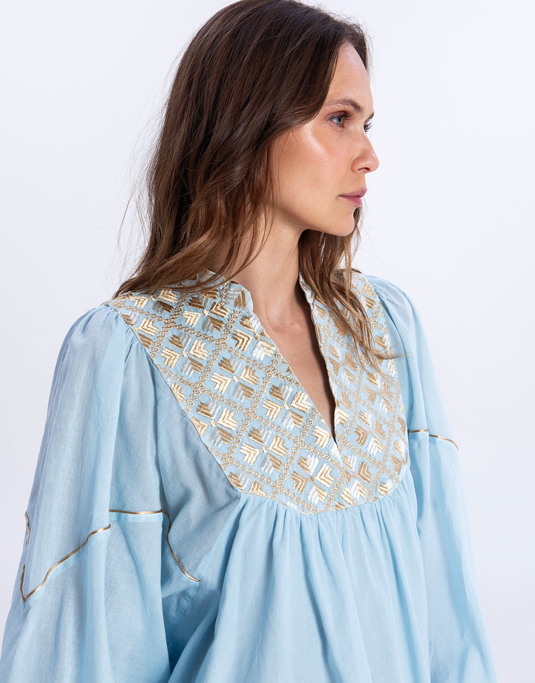 Greek Archaic Kori Flakes Mini Dress - Ciel and Gold with Champagne - Simply Beach UK