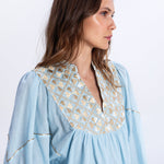Greek Archaic Kori Flakes Mini Dress - Ciel and Gold with Champagne - Simply Beach UK