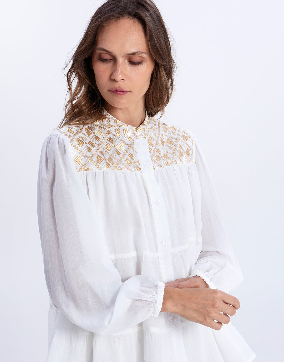 Greek Archaic Kori Flakes Blouse - White and Gold with Champagne - Simply Beach UK