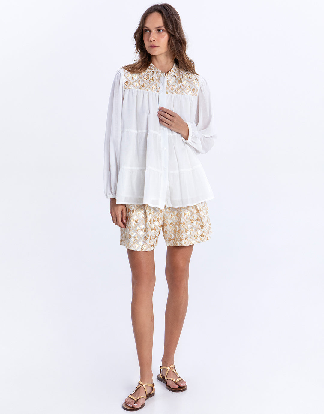 Greek Archaic Kori Flakes Blouse - White and Gold with Champagne - Simply Beach UK