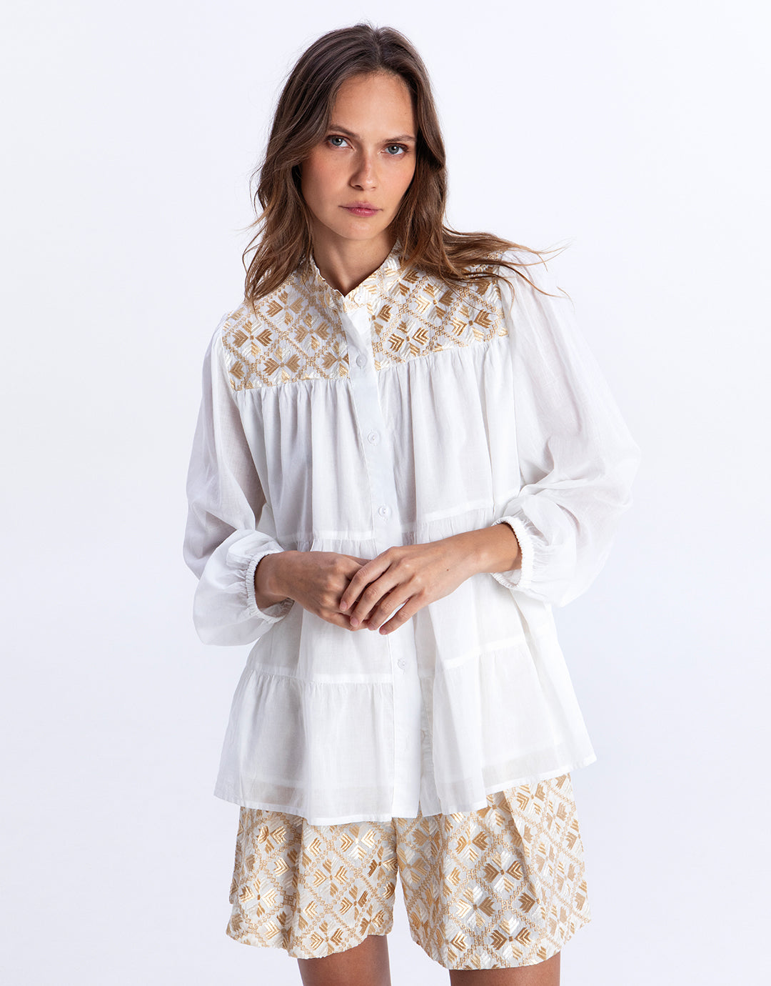 Greek Archaic Kori Flakes Blouse - White and Gold with Champagne - Simply Beach UK