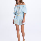 Greek Archaic Kori Lefkada Off the Shoulder Top - Ciel and Gold - Simply Beach UK