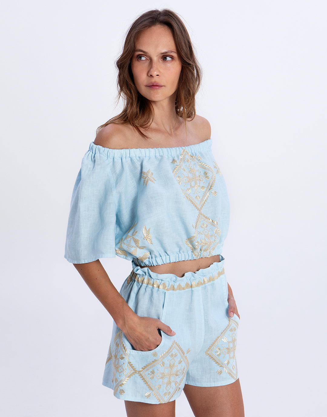 Greek Archaic Kori Lefkada Off the Shoulder Top - Ciel and Gold - Simply Beach UK