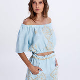 Greek Archaic Kori Lefkada Off the Shoulder Top - Ciel and Gold - Simply Beach UK