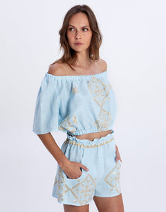 Greek Archaic Kori Lefkada Off the Shoulder Top - Ciel and Gold - Simply Beach UK