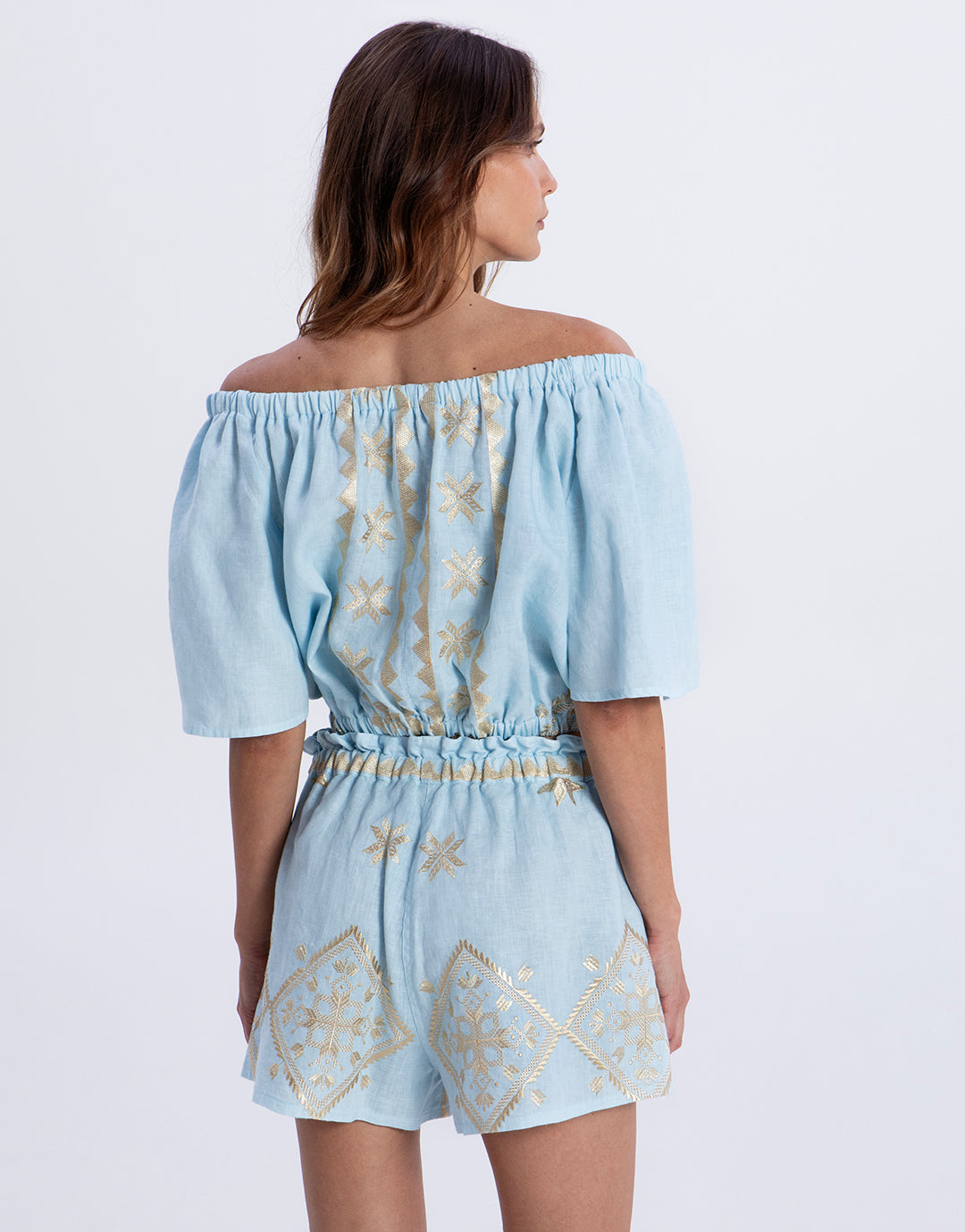 Greek Archaic Kori Lefkada Off the Shoulder Top - Ciel and Gold - Simply Beach UK