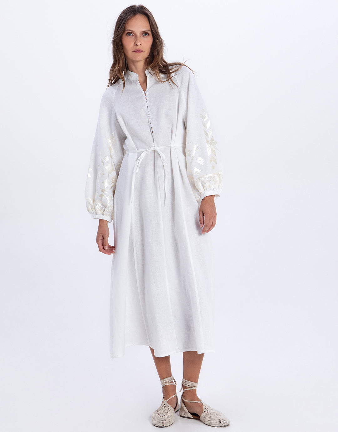 Greek Archaic Kori Ios Button Front Kaftan Dress - White and Champagne - Simply Beach UK
