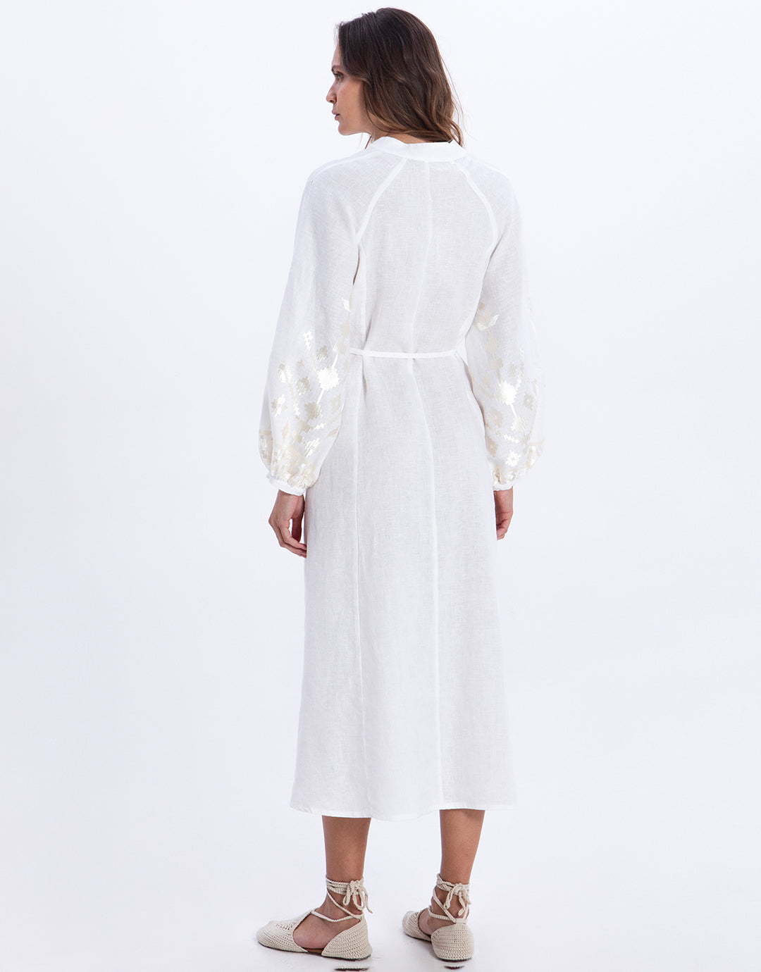Greek Archaic Kori Ios Button Front Kaftan Dress - White and Champagne - Simply Beach UK