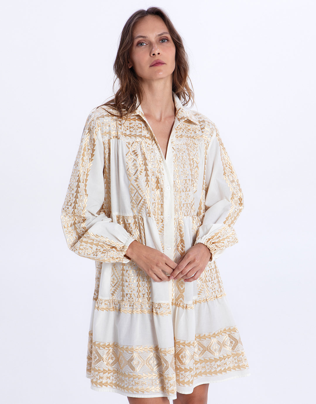 Greek Archaic Kori Classic Triangle Long Sleeve Mini Dress - White and Gold - Simply Beach UK