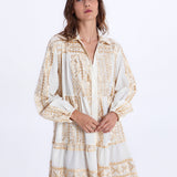 Greek Archaic Kori Classic Triangle Long Sleeve Mini Dress - White and Gold - Simply Beach UK