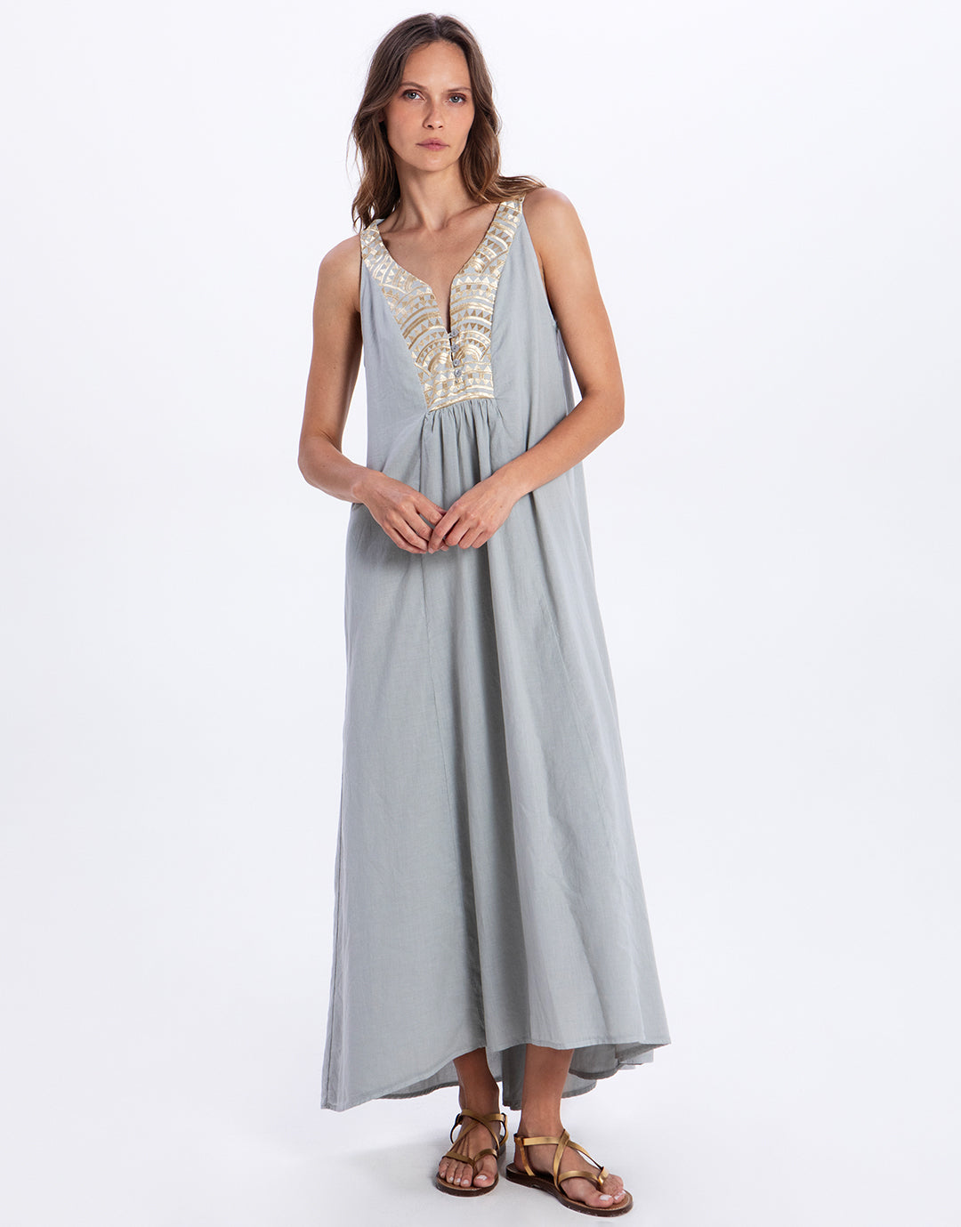 Greek Archaic Kori New Triangle Maxi Dress - Light Grey and Champagne - Simply Beach UK