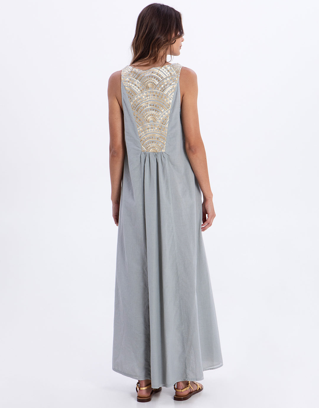 Greek Archaic Kori New Triangle Maxi Dress - Light Grey and Champagne - Simply Beach UK