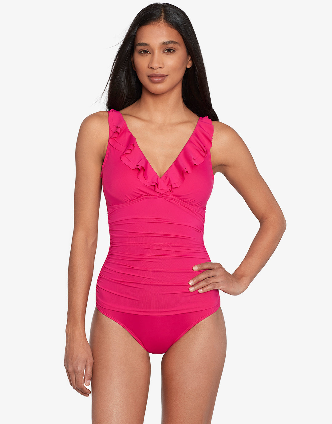 Lauren Ralph Lauren Beach Club Solids Ruffle Swimsuit - Orchid - Simply Beach UK