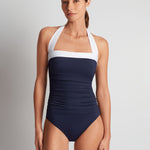 Bel Air Shirred Bandeau Mio Swimsuit - Navy and White - Simply Beach UK