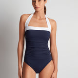 Bel Air Shirred Bandeau Mio Swimsuit - Navy and White - Simply Beach UK