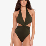 Beach Club Solids Cut Out Halter Swimsuit - Olive - Simply Beach UK