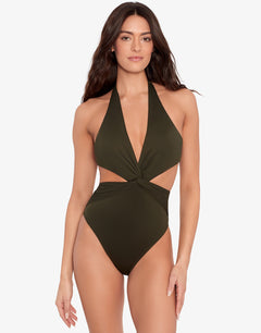Beach Club Solids Cut Out Halter Swimsuit - Olive - Simply Beach UK