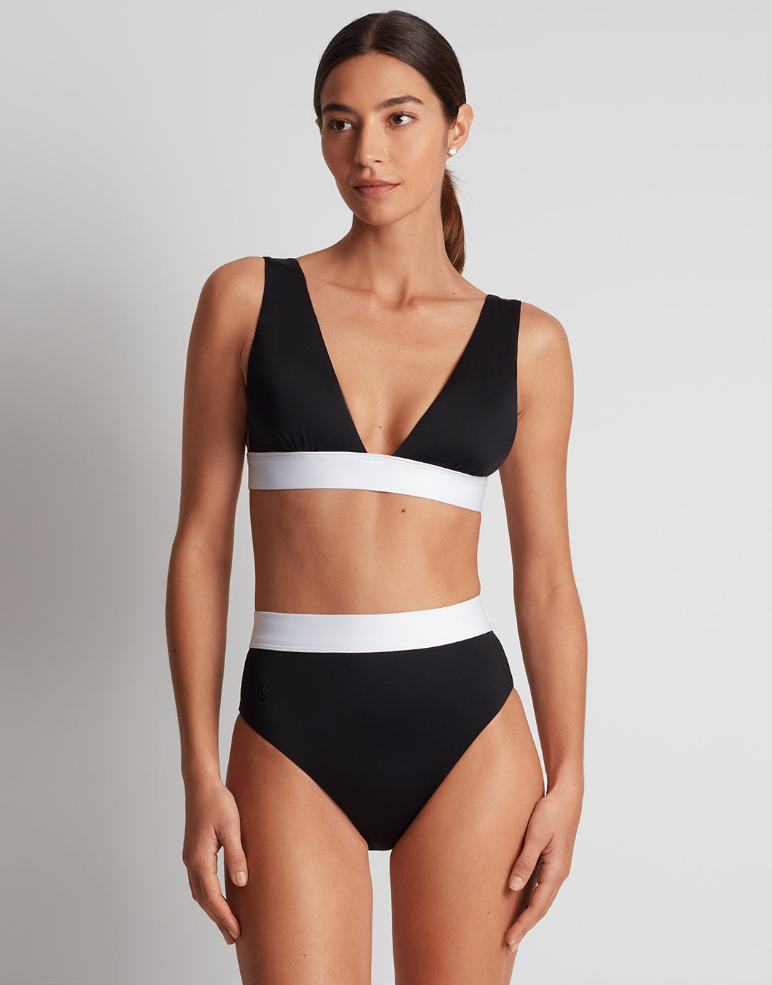 Bel Air Modern V Neck Bikini Top - Black and White - Simply Beach UK