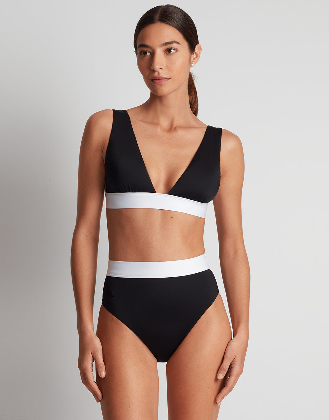 Bel Air Modern V Neck Bikini Top - Black and White - Simply Beach UK