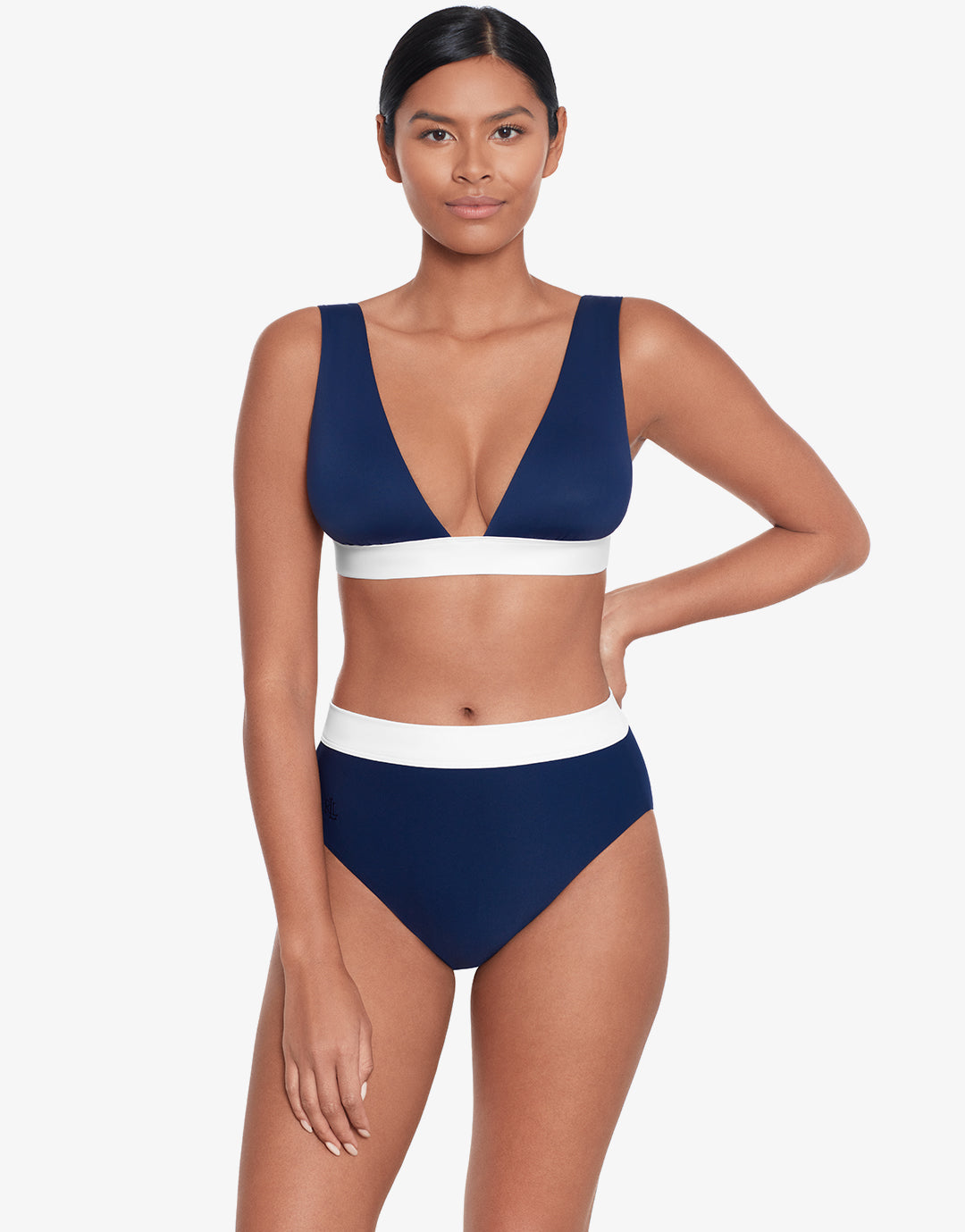 Bel Air Modern V Neck Bikini Top - Navy and White - Simply Beach UK