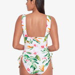 Watercolour Tropical Shirred Plunge Swimsuit - White Multi - Simply Beach UK