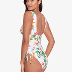 Watercolour Tropical Shirred Plunge Swimsuit - White Multi - Simply Beach UK