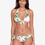 Watercolour Tropical Tie Front Halter Bikini Top - White Multi - Simply Beach UK