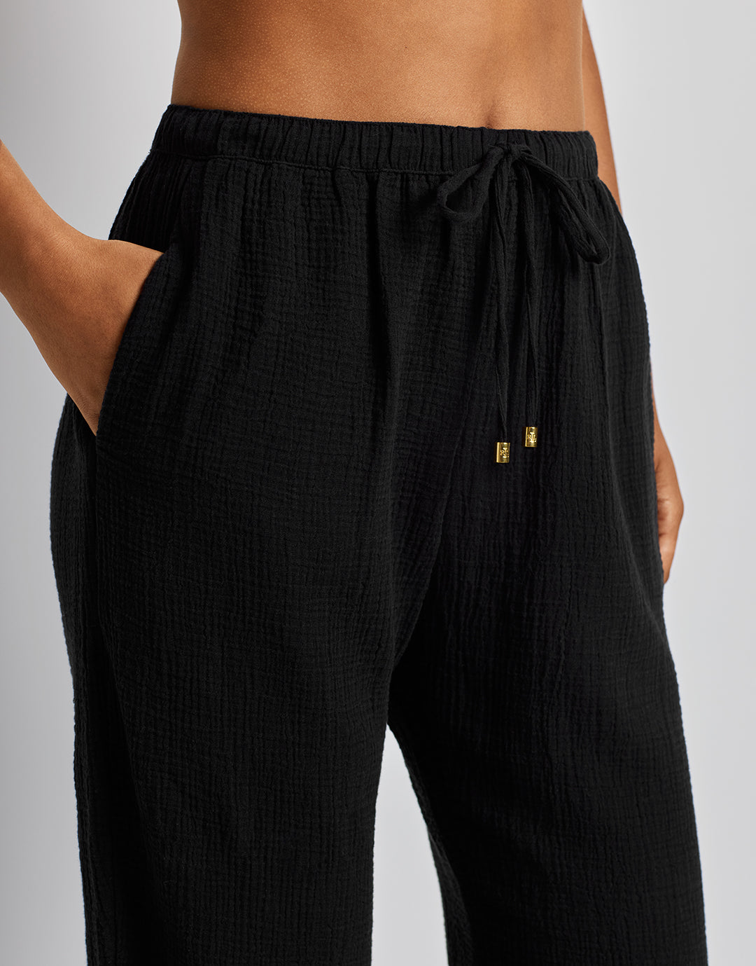 Double Gauze Ankle Tie Pant - Black - Simply Beach UK