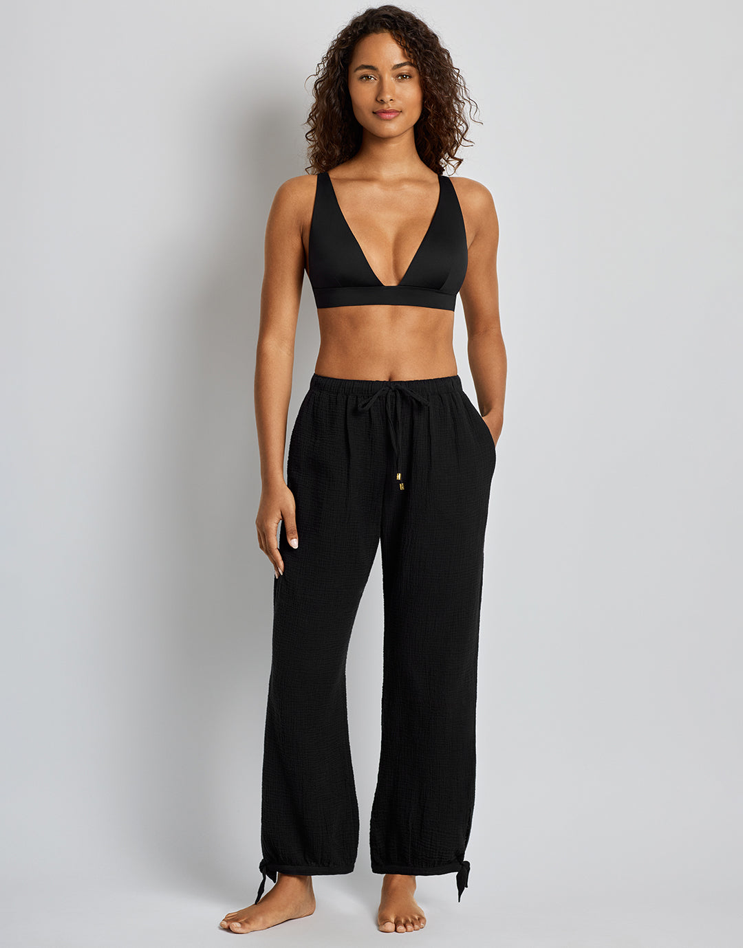 Double Gauze Ankle Tie Pant - Black - Simply Beach UK