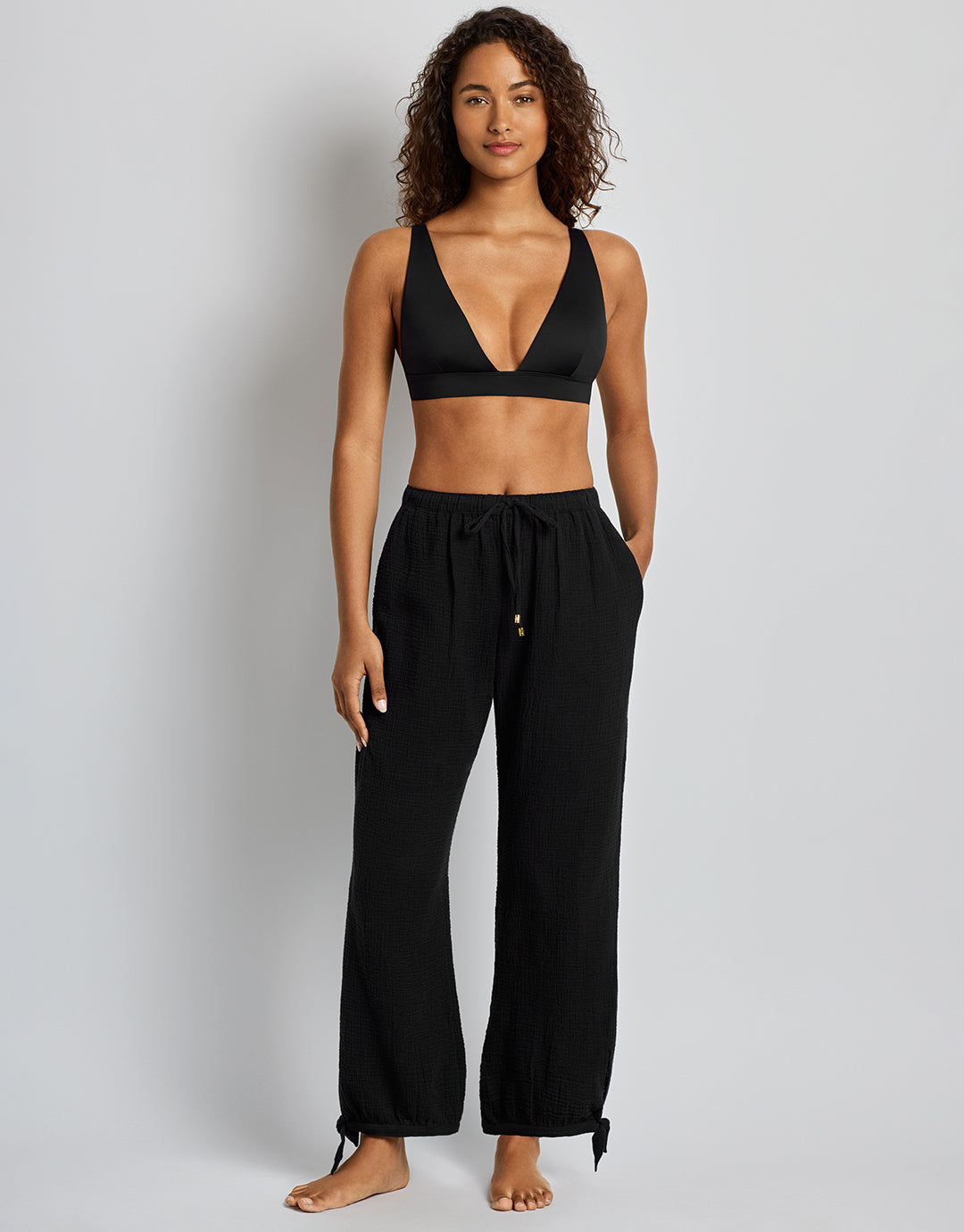 Double Gauze Ankle Tie Pant - Black - Simply Beach UK