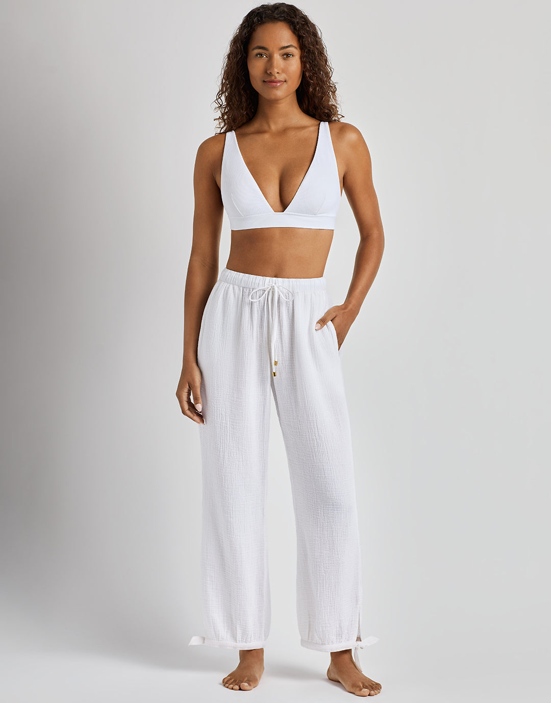 Double Gauze Ankle Tie Pant - White - Simply Beach UK