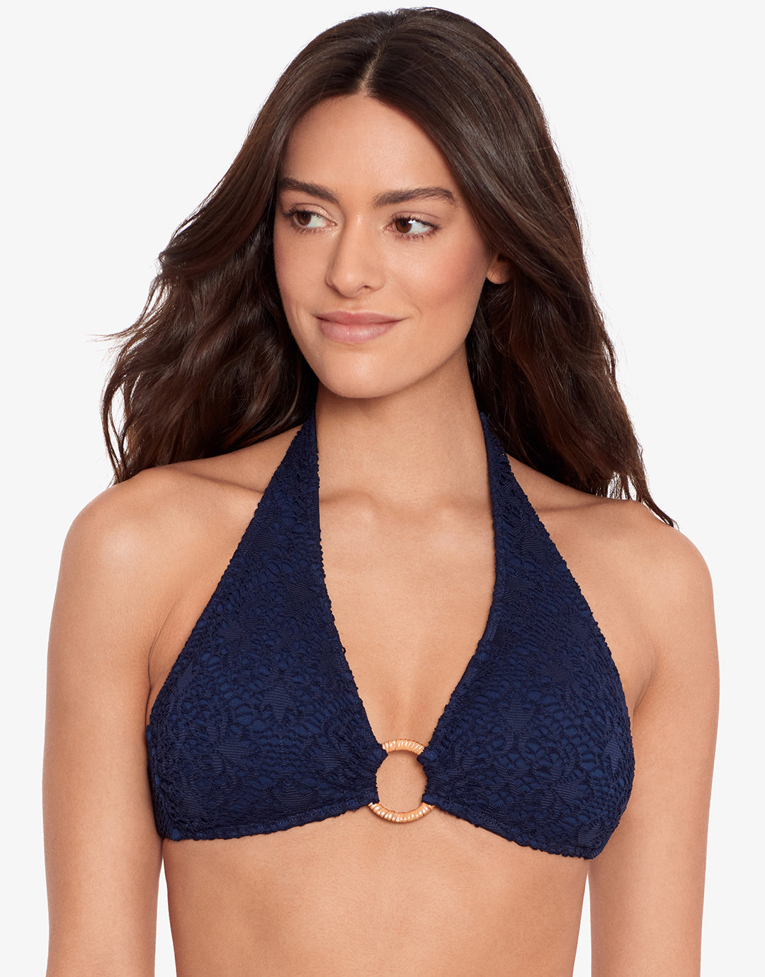 Crochet Rattan Ring Halter Bikini Top - Navy - Simply Beach UK