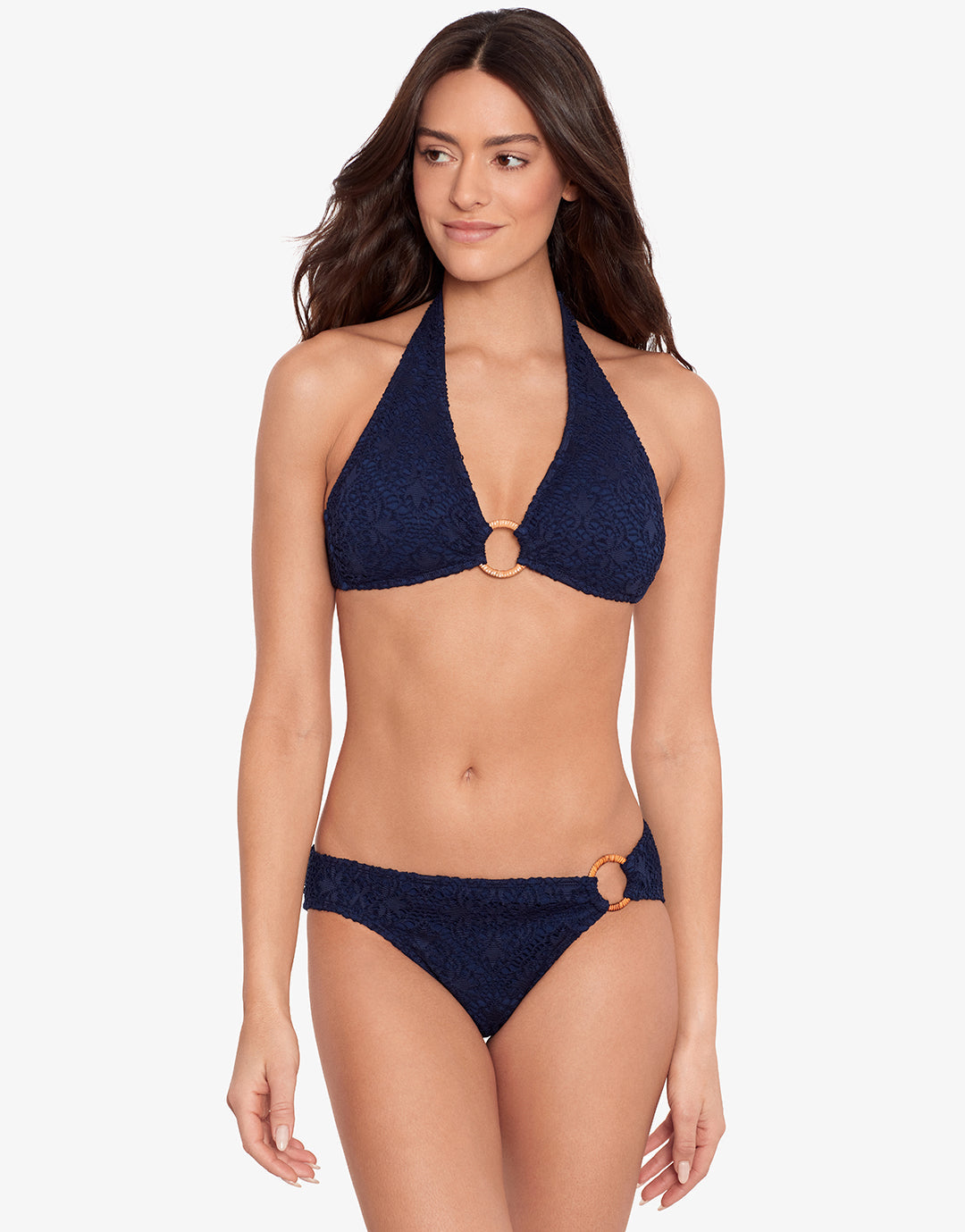 Crochet Rattan Ring Halter Bikini Top - Navy - Simply Beach UK