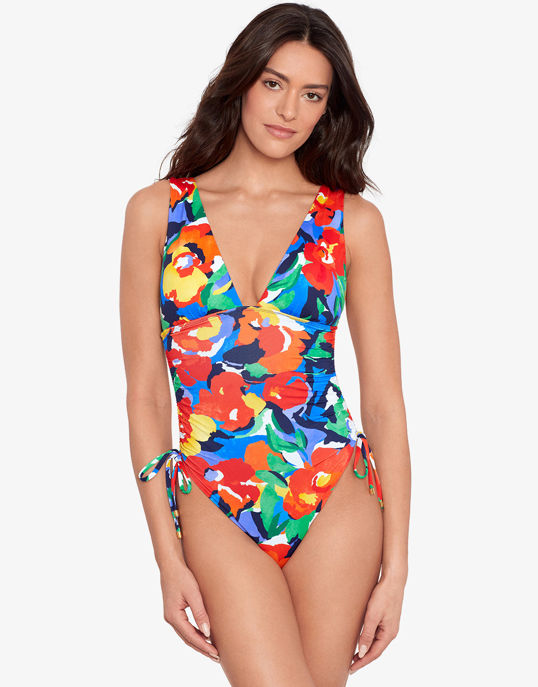 Bold Abstract Floral Ruched Plunge Swimsuit - Simply Beach UK