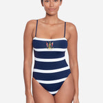 Mariner Stripe Embroidered Square Neck Swimsuit - Navy and White - Simply Beach UK