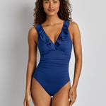 Lauren Ralph Lauren Beach Club Solids Ruffle Surplice Underwired Swimsuit - Blue Saturn - Simply Beach UK