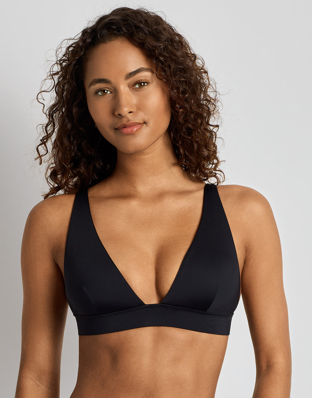 Lauren Ralph Lauren Beach Club Solids Banded Tall V Neck Bra Bikini Top - Black - Simply Beach UK