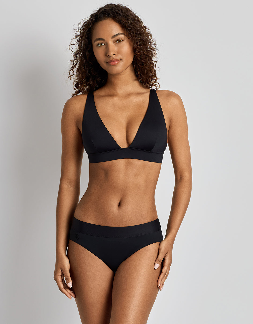 Lauren Ralph Lauren Beach Club Solids Banded Tall V Neck Bra Bikini Top - Black - Simply Beach UK