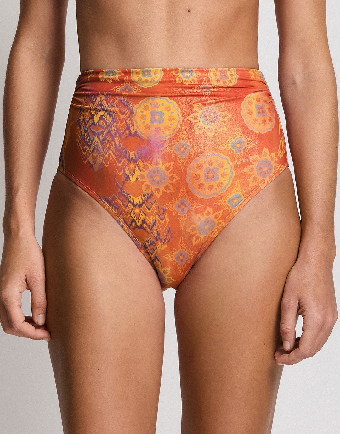 Medallion Shimmer Semi Shirred High Waist Bikini Pant - Multi - Simply Beach UK