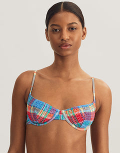 Smocked Madras Underwired Balconette Bikini Top - Multi - Simply Beach UK
