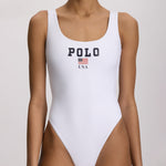 Polo Ralph Lauren USA Logo Scoop Tank Swimsuit - White - Simply Beach UK