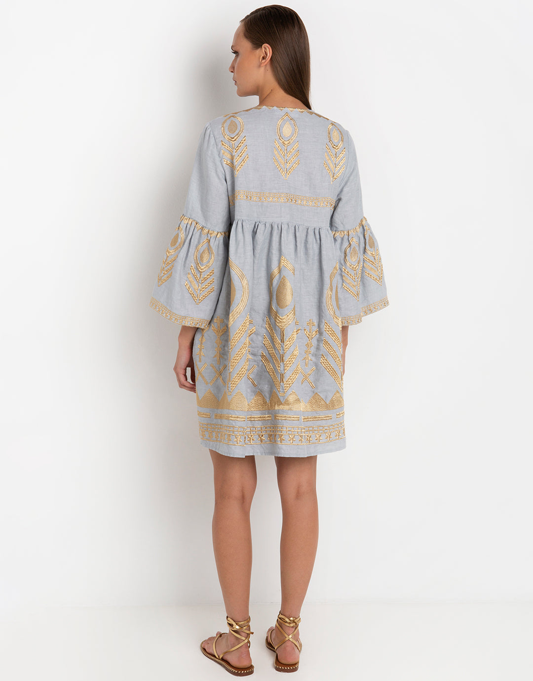 Greek Archaic Kori Feather Mini Dress - Light Grey and Gold - Simply Beach UK