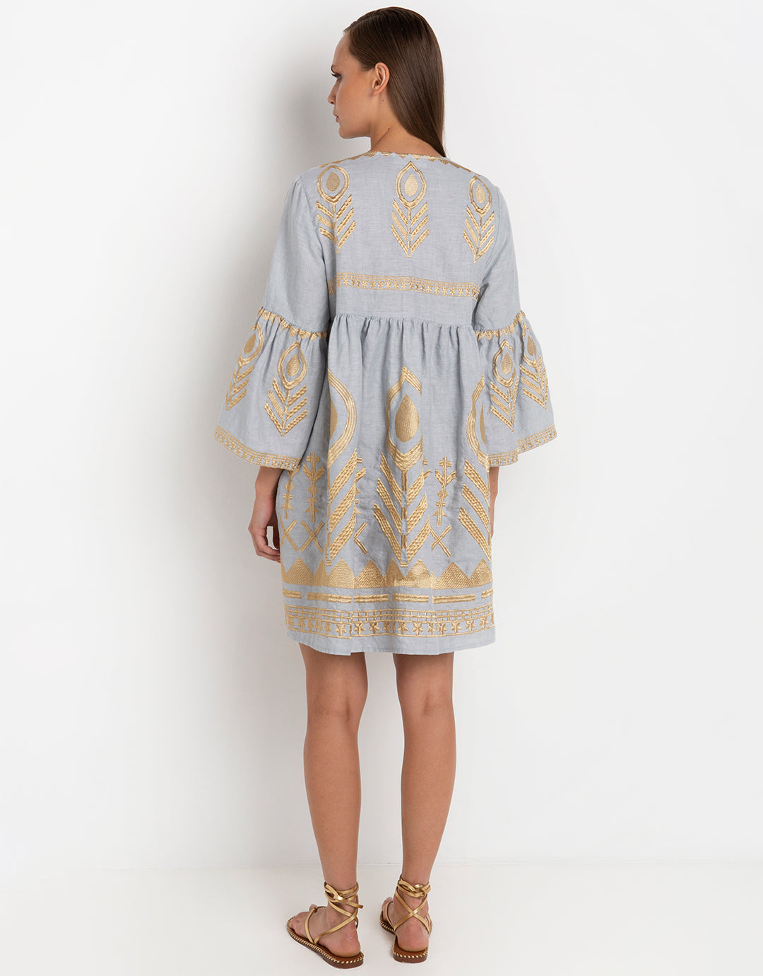 Greek Archaic Kori Feather Mini Dress - Light Grey and Gold - Simply Beach UK