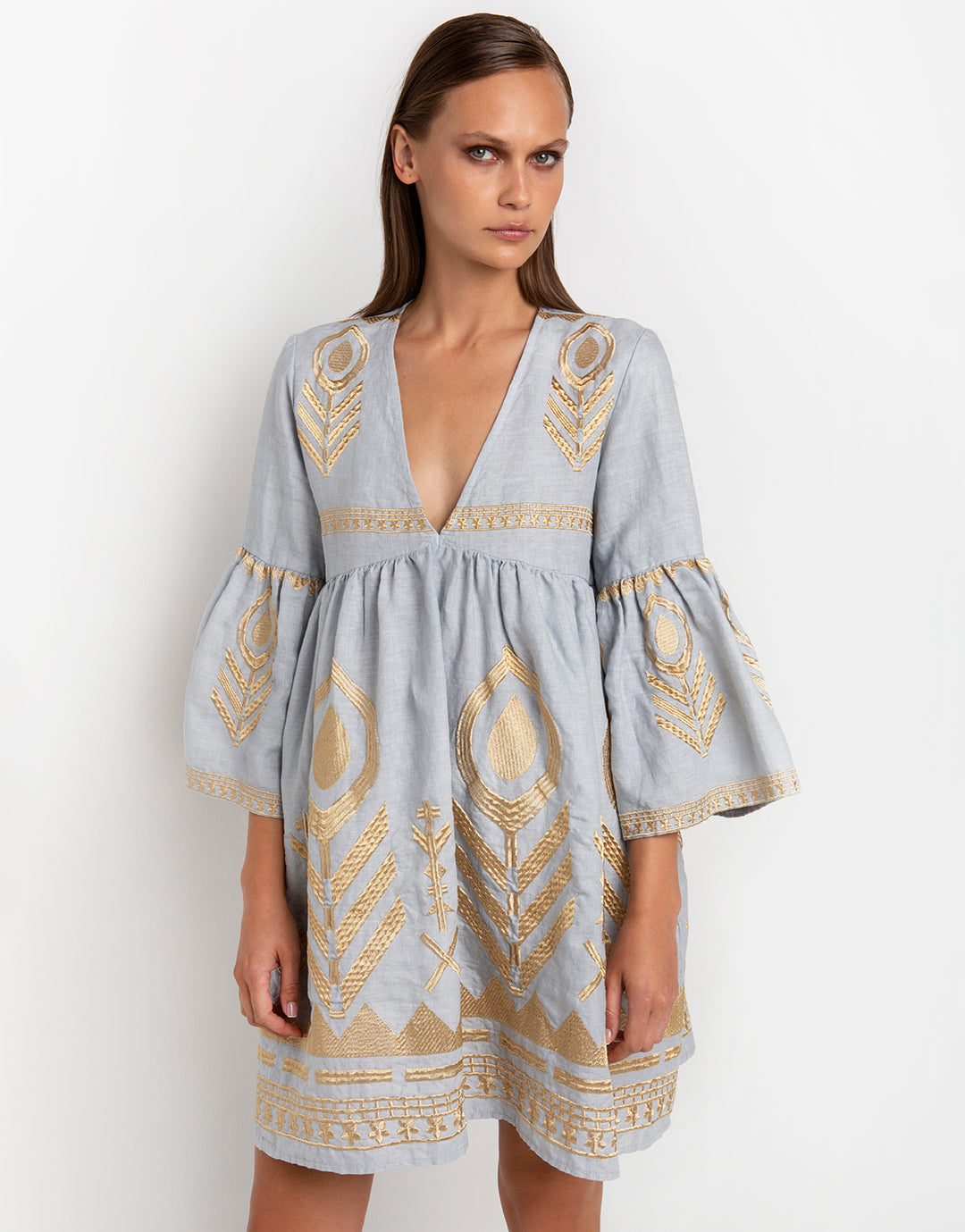 Greek Archaic Kori Feather Mini Dress - Light Grey and Gold - Simply Beach UK