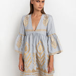 Greek Archaic Kori Feather Mini Dress - Light Grey and Gold - Simply Beach UK