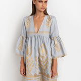 Greek Archaic Kori Feather Mini Dress - Light Grey and Gold - Simply Beach UK