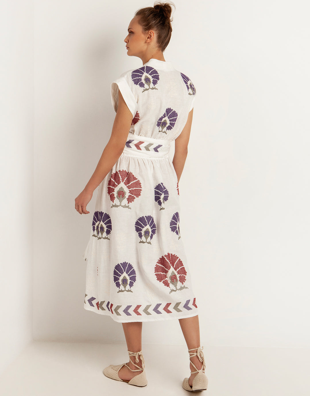 Mini Peacocks Wrap Midi Dress - White and Purple - Simply Beach UK