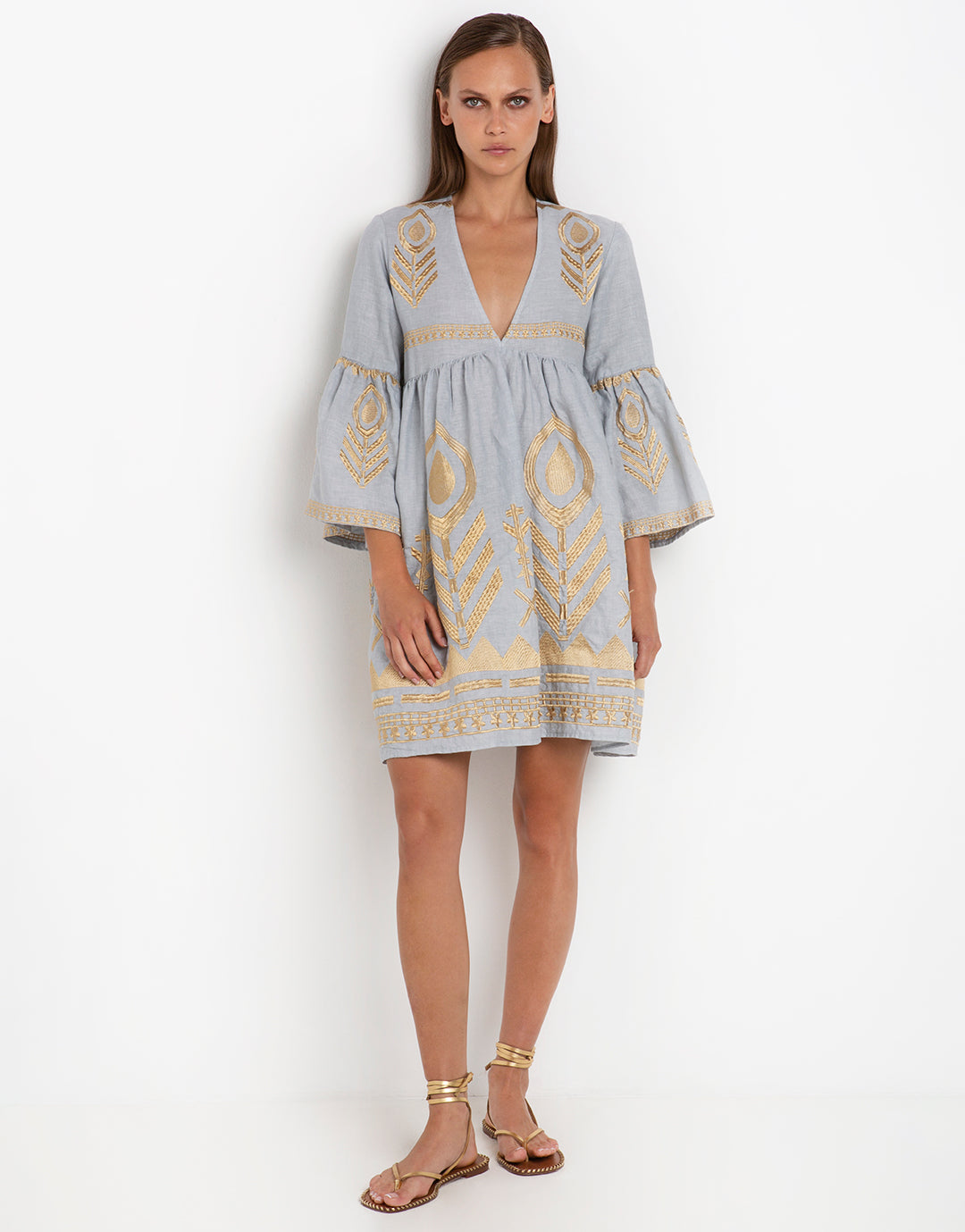 Greek Archaic Kori Feather Mini Dress - Light Grey and Gold - Simply Beach UK