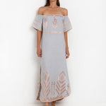 Greek Archaic Kori Feather Off The Shoulder Dress - Light Grey and Pink Bronze - Simply Beach UK