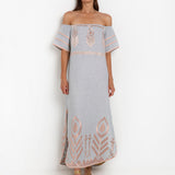 Greek Archaic Kori Feather Off The Shoulder Dress - Light Grey and Pink Bronze - Simply Beach UK